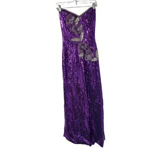 Vintage Purple Sequin Gown 80s Glam Party Dress Formal Evening Floral Beading